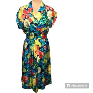 Vintage 80s Irka floral fruit print silk two piece set Skirt And Top